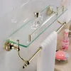 Gold Brass Single Layer Bathroom Glass Shelf with Towel Bar Shower Rectangular Rack Wall Mounted Cosmetic Holder ()