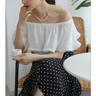 Top Crochet Women Off The Shoulder Ruffle Elastic Collar Blouse Top With Lace Crochet