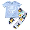 2019 new hot selling short sleeve letter sky blue causal tshirt pant two pieces wholesale fashion kids clothing
