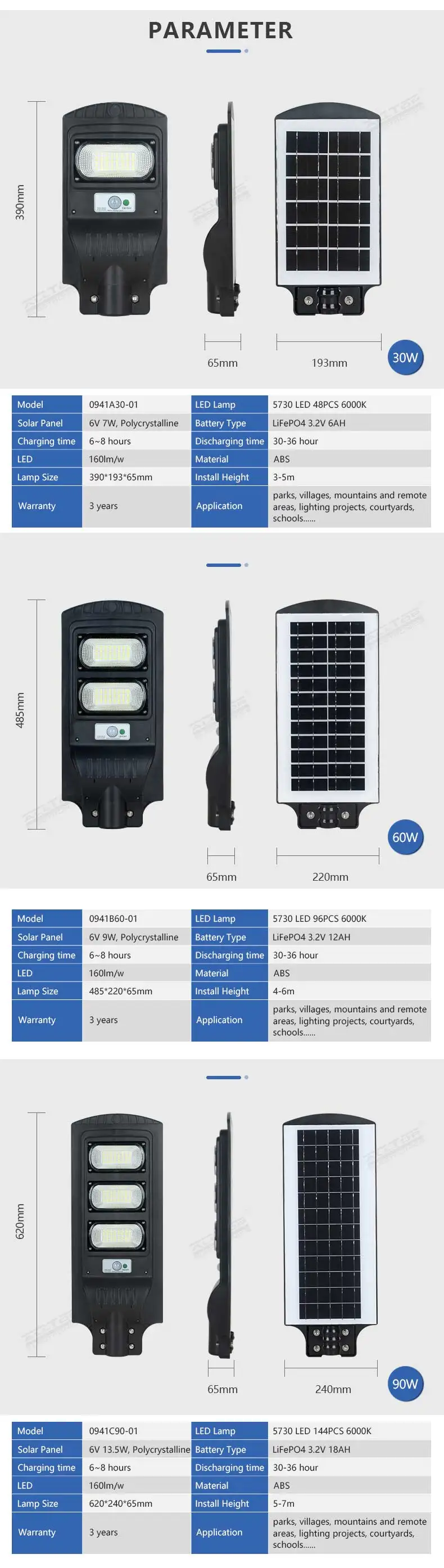 ALLTOP Factory price outdoor courtyard lighting waterproof ip65 30w 60w 90w integrated all in one solar led street light