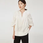 Spring and summer white V neck half sleeve loose pullover blouse shirt