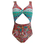 One piece high waisted front hollow out swimwear sexy floral women's bathing suit
