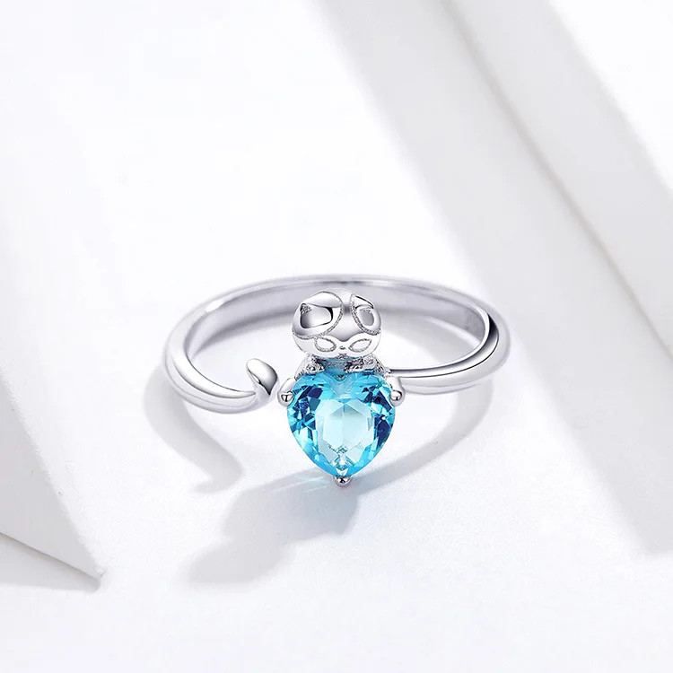 blue gemstone cute kitten women rings jewelry genuine 100% 925 sterling silver jewelry resizable rings