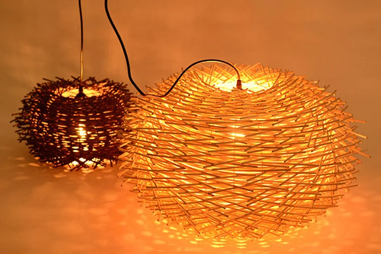 Natural nest shape handmade rattan woven wooden chandelier E27 LED for home store pendant light