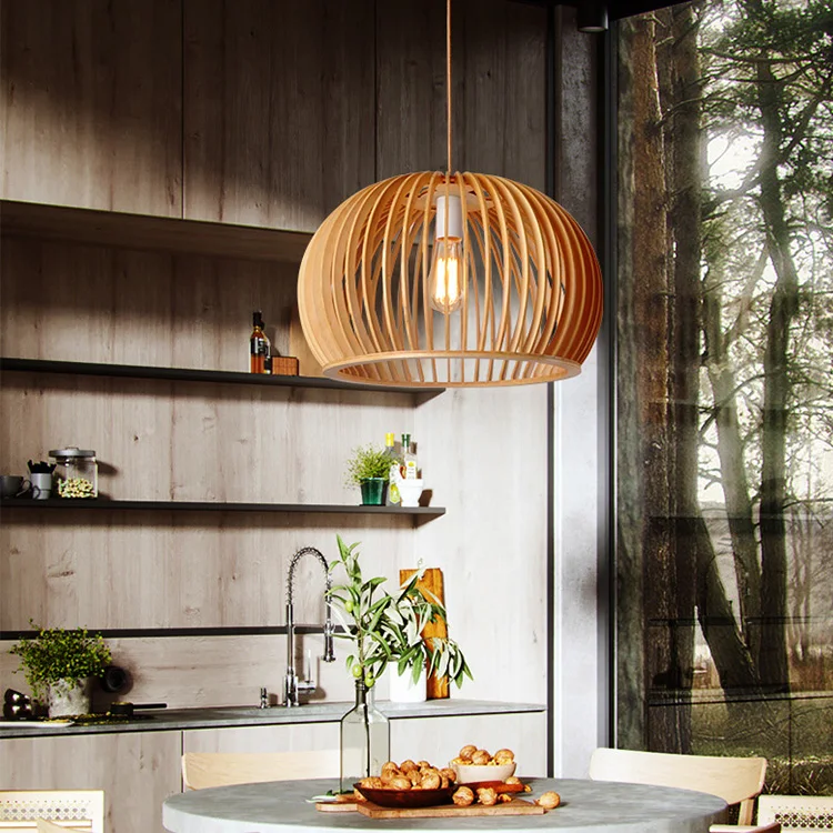 Decorative natural basswood handmade round wooden chandeliers for restaurant hotel villa  pendant light