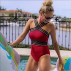 Women's Swimwear One Piece Adjustable Halter Front Cross Backless Swimsuit Bathing Suit