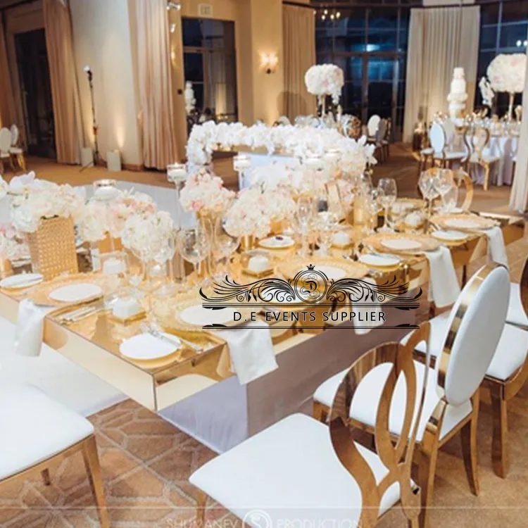 Wholesale rectangle stainlese steel glass wedding dining table set modern