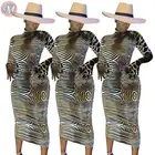 9090214 new sexy long sleeve animal skin print midi bodycon design woman fashion striped maxi casual dresses