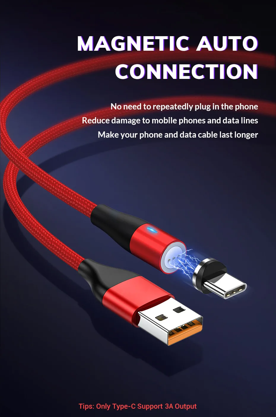QC3.0 LED Magnetic Fast Charging Cable Data Sync 3A Magnet USB Charger for iPhone Micro USB Type C - ANKUX.COM