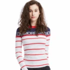 Women Round Collar Long Sleeve Red Stripe Letters Printed T Shirt