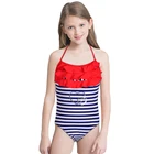 New design one piece swimsuit lovely stripe little girl swimwear red ruffled beachwear