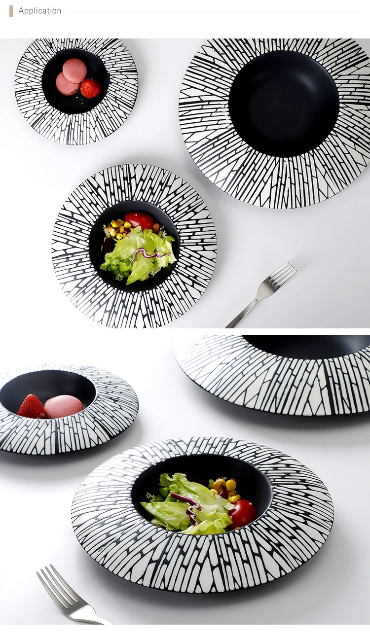 Custom Lounge Vajilla De Porcelana Black Color Dishes, Fine Soup Hand Painted Ceramic Dish, Special Pasta Black Stone Plate/