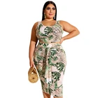 Green Leaf Print Bandhnu Sleeveless 2 Pieces Plus Size Casual Ladies Clothing Women Dress Suit