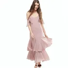 Layered skirt fancy maxi summer dress frill hem and cold shoulder maxi chiffon girls dress
