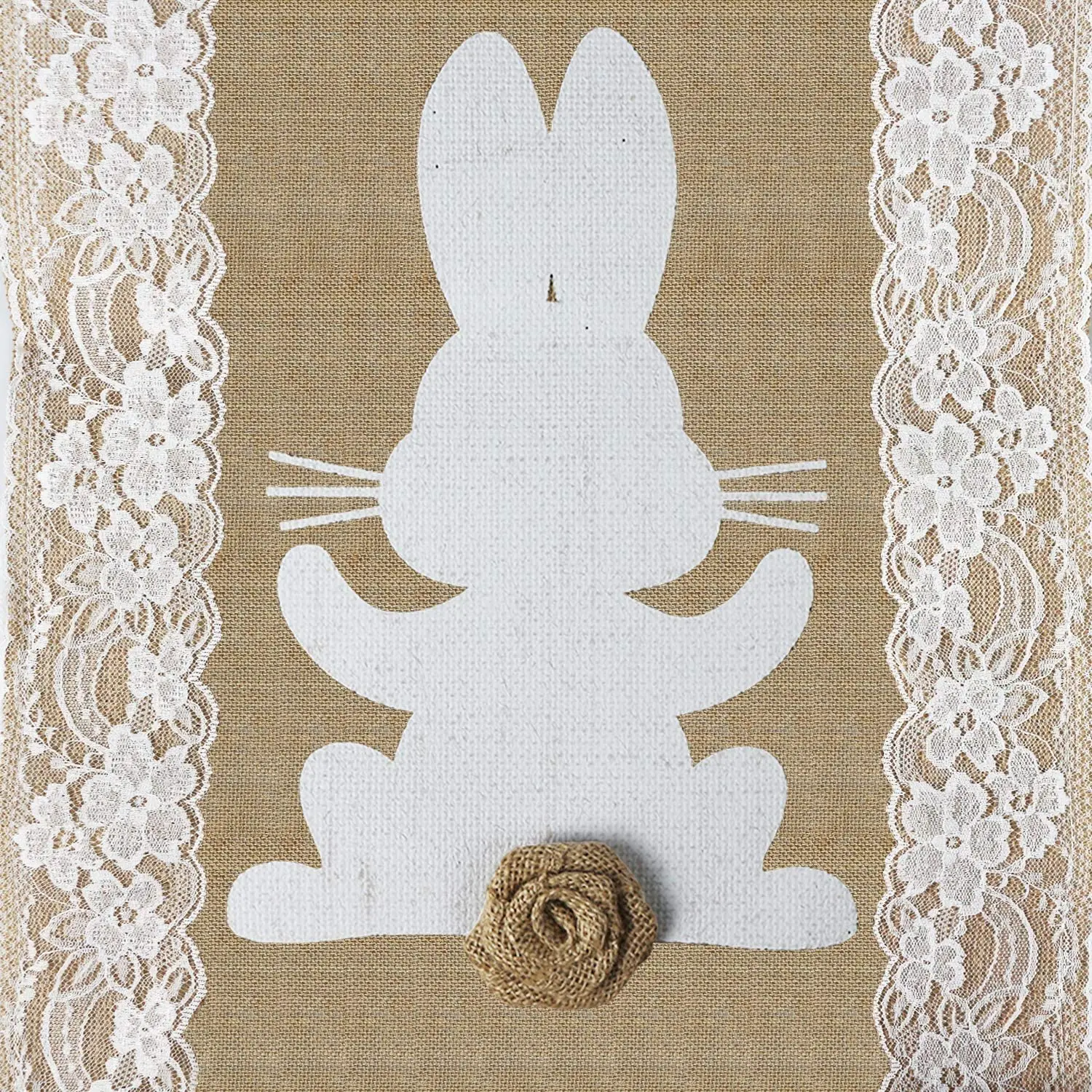 Easter Table Runner with 3D Bunny  Rustic Burlap Happy Easter and Lace Table Runner for Easter Table Decorations