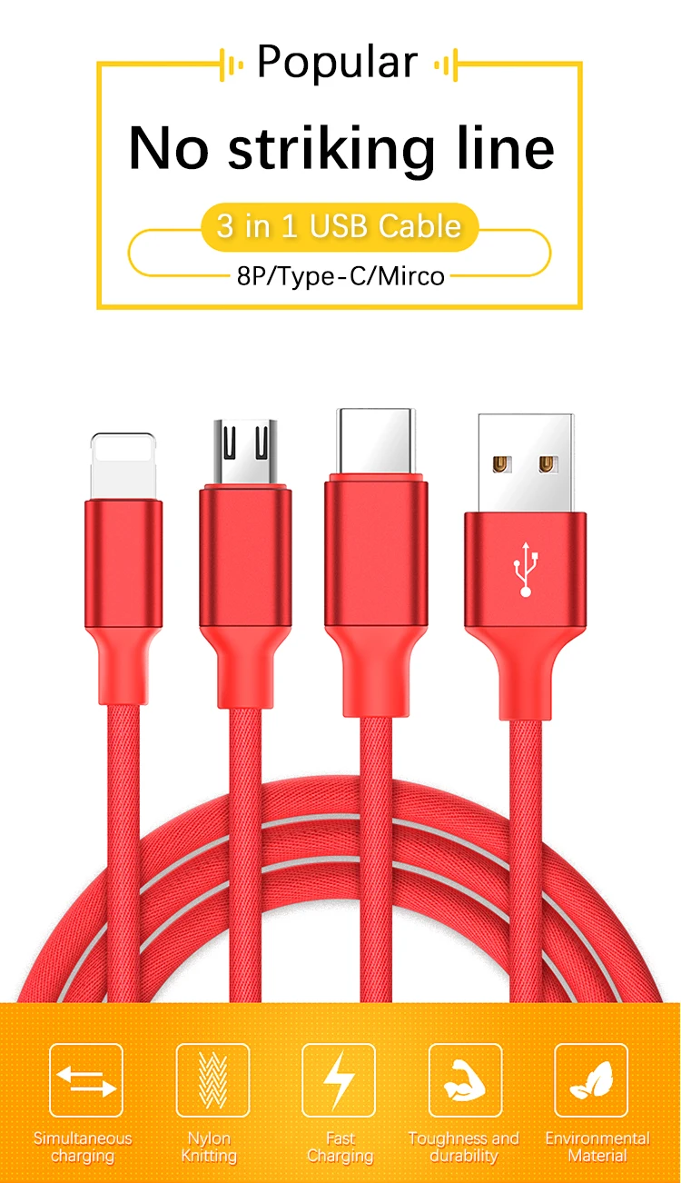 1 M 3 In 1 Cell Phone Cable Nylon Braided Charger With Multiple Connectors Charger USB Data Line - ANKUX.COM