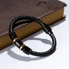 Bangle Bracelet three stones black gold Leather bracelet for Men Jewelry Fashion