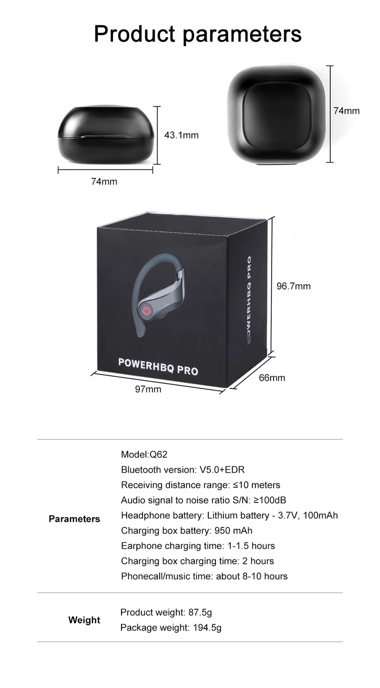 PowerHBQ Pro TWS Bluetooth 5.0 Wireless Headphones Earhook Waterproof Audifono Bluetooth Power Display HBQ Q62 Sports Earphones - ANKUX.COM