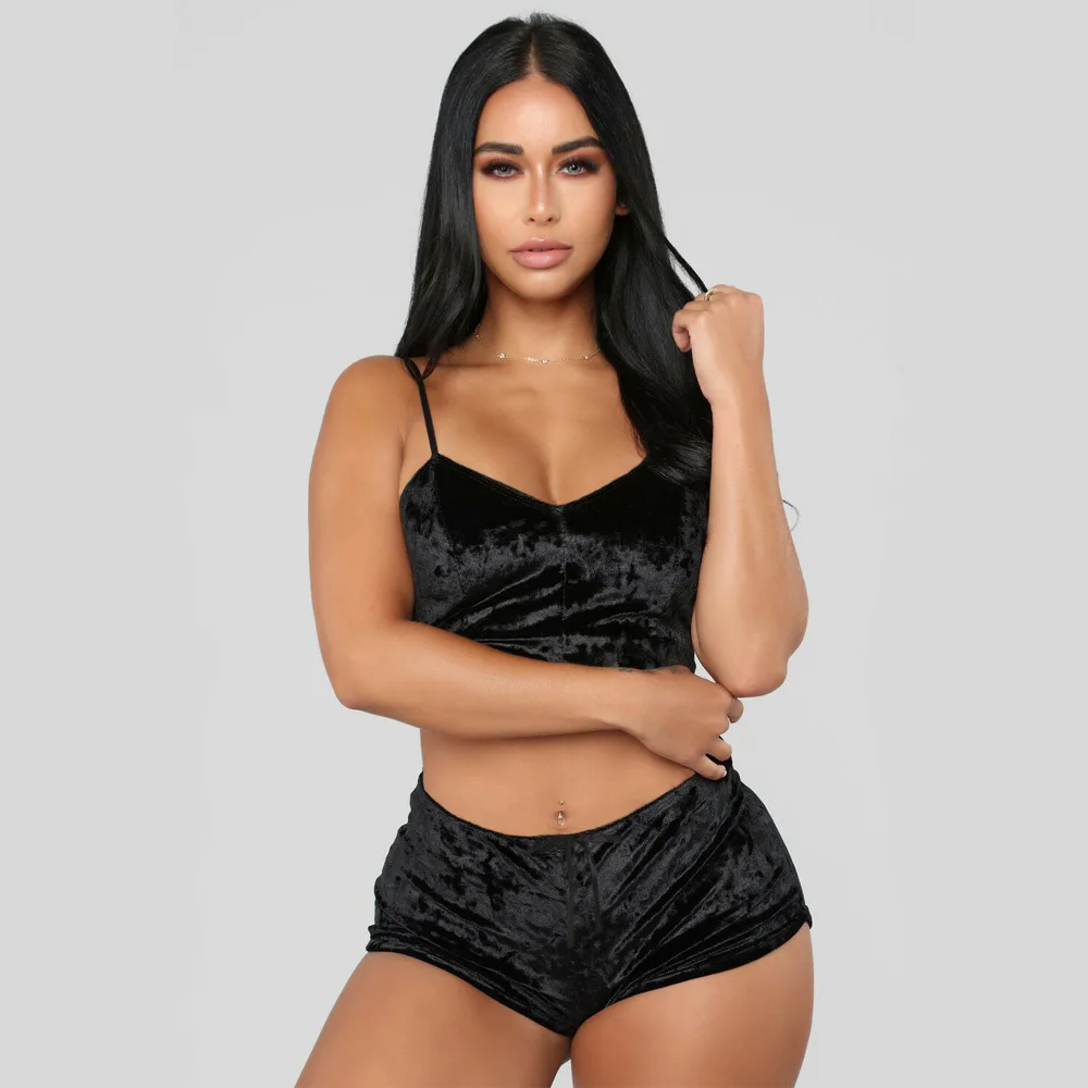 New Women Ladies Sexy Pajamas Velvet Crop Tops Lingerie Underwear Pajamas Bralette Panty Set