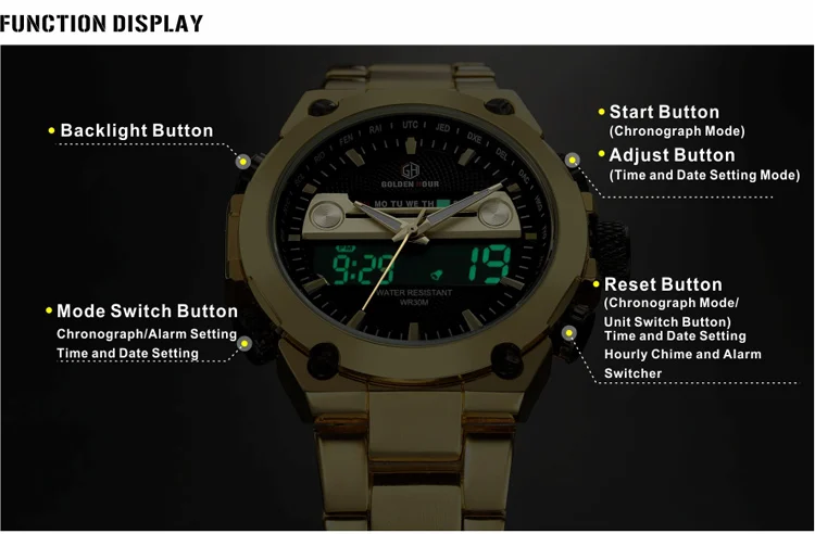 Multifunction Sport Men Watch electronic Led Backlight Clock Military Large Dial Military Man Wrist 30m Waterproof Digital Watch