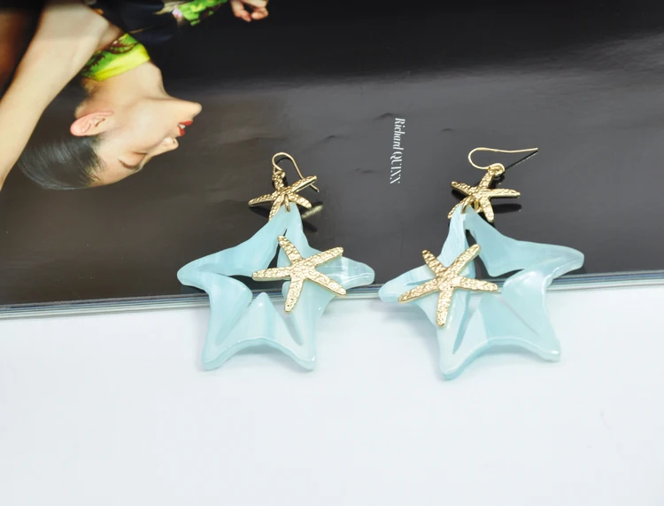 Ocean series hanging acrylic sea star ear jewelry for girl party stainless steel starfish earrings
