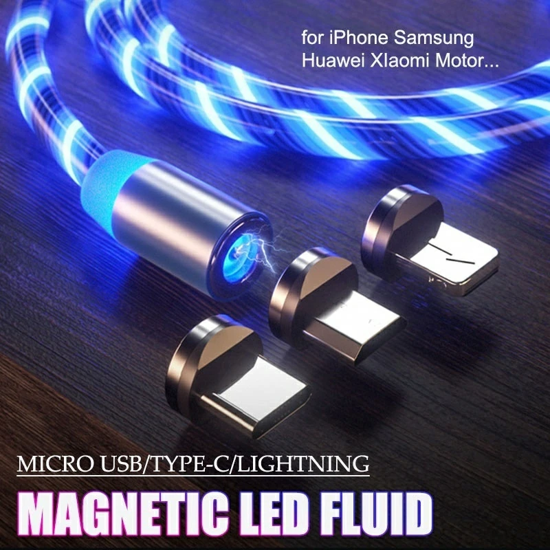 3 dans 1 LED light Luminous Glow Flowing Magnetic Charging Cable luminous magnetic cable