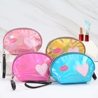 Custom logo fashion beauty travel zipper cosmetic pouch PU leather heart shape holographic makeup bag