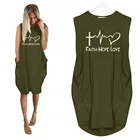 Faith Hope Love Print Sleeveless Loose Pocket Oversize Tunic Dress with Pockets