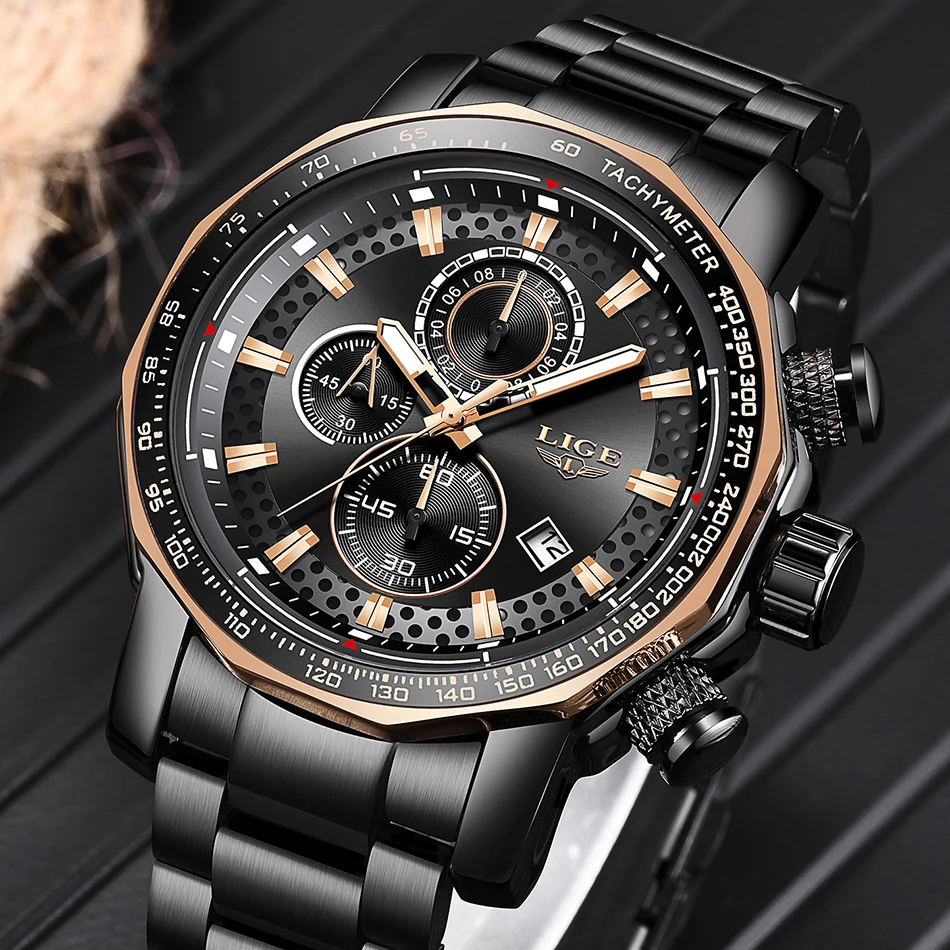 Lige 9902 Luxury Mens Quartz Watch Stainless Steel Waterproof