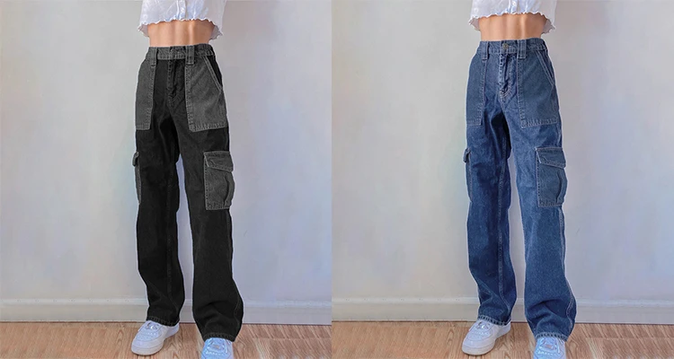 Factory Custom Womens Fashion Stitching Denim Jeans With Pockets Hip Hop Patchwork Straight Pants Jeans for Women