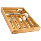 8 compartments Bamboo Silverware Drawer Wood Storage Organizer, Expandable Cutlery Tray with 2 Removable Knife Blocks