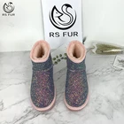 Cheap price custom pink color women real fur diamond winter shoes snow bling boots