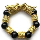 Natural Obsidian Six Words Mantra Gold Plated Beads Dragon Bracelets 13MM Women's Fashion Bracelet