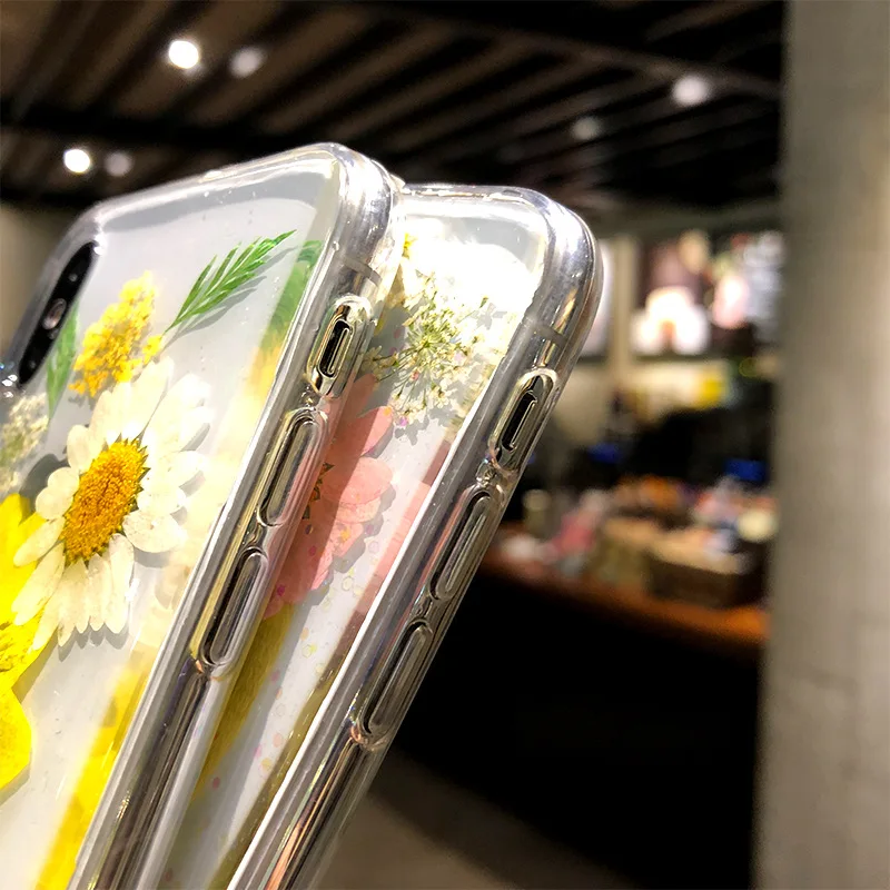 Shockproof Mobile Accessories  Epoxy 3D Dry Dried Real Flower Acrylic Back Phone cover Case