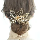 Fashion Bridal Headwear Golden Copper Wire Manual Weave Hair Comb Pearl Wedding Hair Accessories