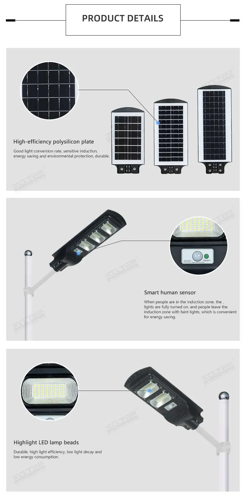 ALLTOP Waterproof outdoor ip65 motion sensor 30w 60w 90w integrated all in one led solar street light