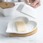 Wholesale custom logo home goods novelty white porcelain butter dish with bamboo wood tray