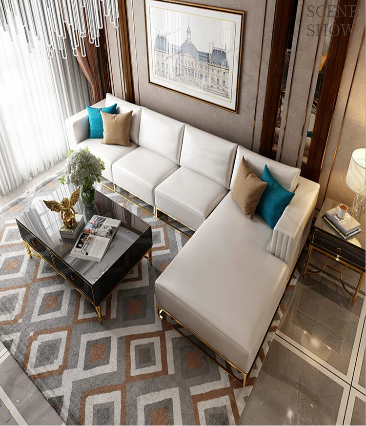 Bespoke Style Luxury Top Grain Genuine White Leather Metal Base L Shape Sectional Sofa Set with Chase