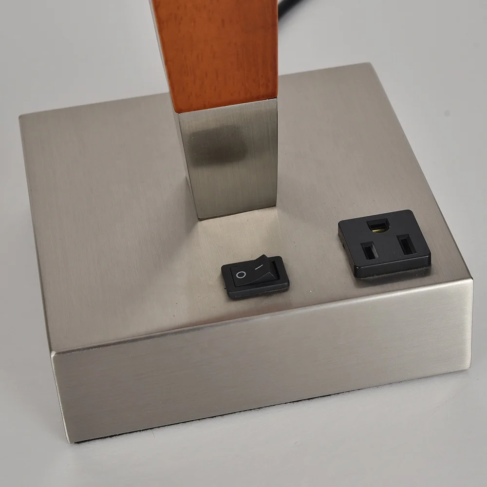 White Linen Fabric Shade Hotel Bedroom Lamp Brushed Nickel Wood Iron Table Desk Light with Outlet Port