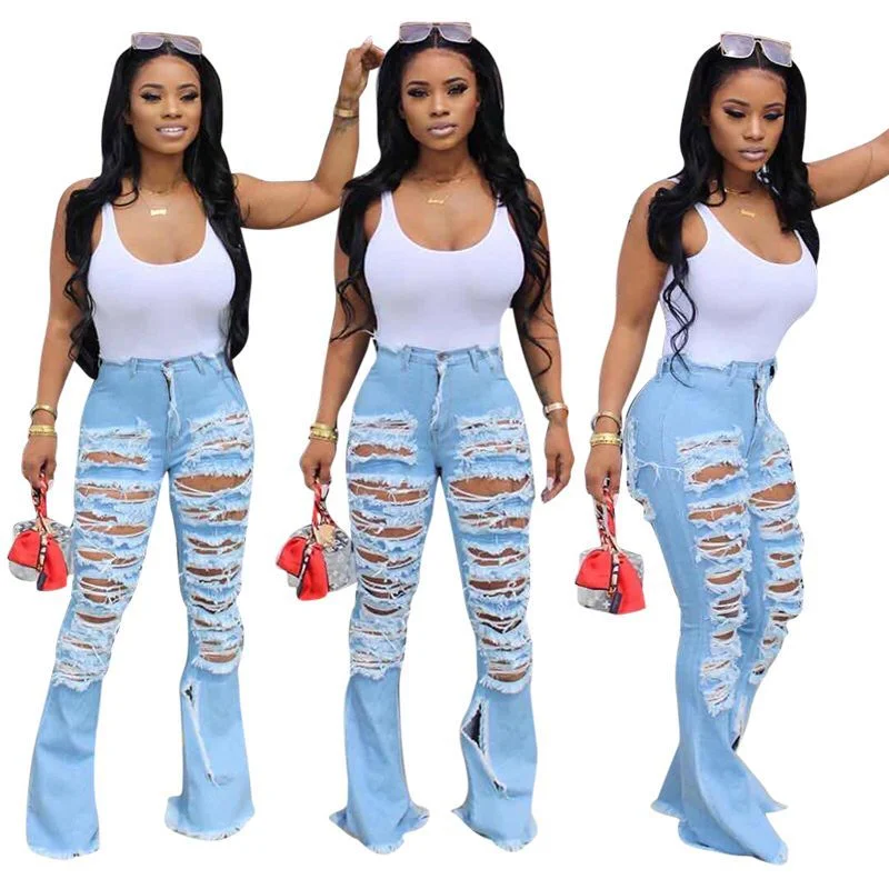 2022 Hot Selling Print logo Mid Waist Ripped Bell Bottom Jean Washed Flare Jeans for Women