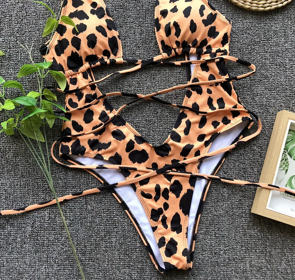 New Bikini One Piece Bikini Bikini Leopard Hollow Strap One Piece