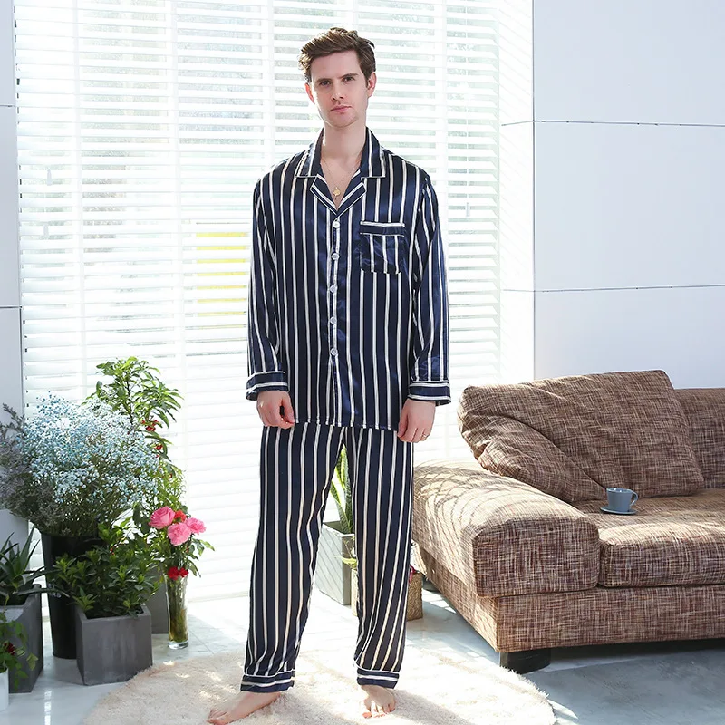 Fall Men'S Striped Silk Pajamas Men'S Long-Sleeved Printed Silk Sleepwear Thin Home Wear Pijamas Suit