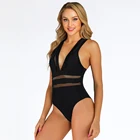 SESEASUN 2019 new women black transparent mesh sexy swimsuit bikini monokini swimwear cross hollow out one piece beachwear