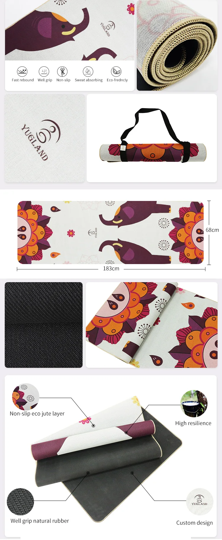 Free Sample Custom Design Printed Jute Yoga Matts Soft Natural Rubber Hemp Yoga mat