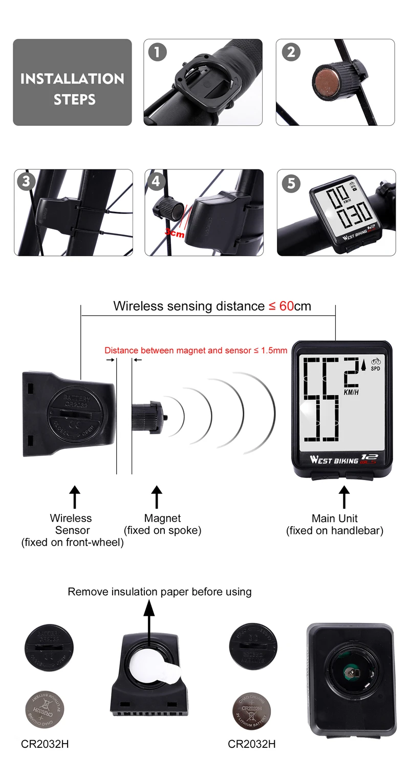 WEST BIKING Large Size Screen Bike Computer Wireless Rainproof Backlight Speedometer Odometer Cycling Stopwatch Bicycle Computer