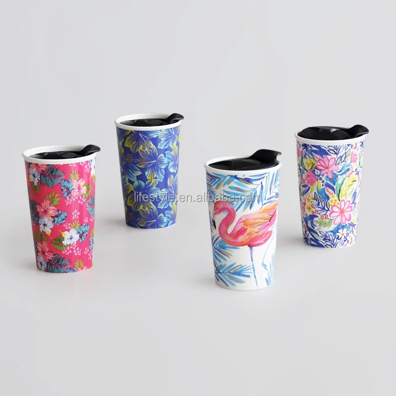 ceramic double wall mug with pp lid and decal printing coffee to