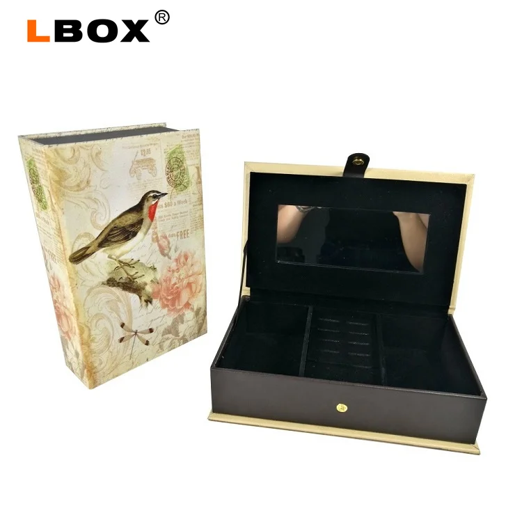 high quality pu leather book shape jewelry box storage case