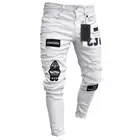 OEM Service Men Stretchy Ripped Skinny Biker Embroidery Print Jeans Destroyed Hole Taped Slim Fit Denim Scratched Jean