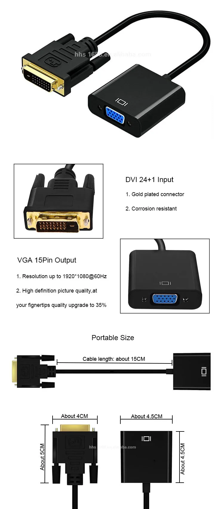 Wholesale High Quality Black DVI to VGA Adapter Supports 1080P 3D Male-Female adapter Connecting wire Cable PC to Display - ANKUX.COM
