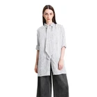 Women Women Well Design Black Striped Stand Collar Neck Tie Plus Size Long Shirts For Women